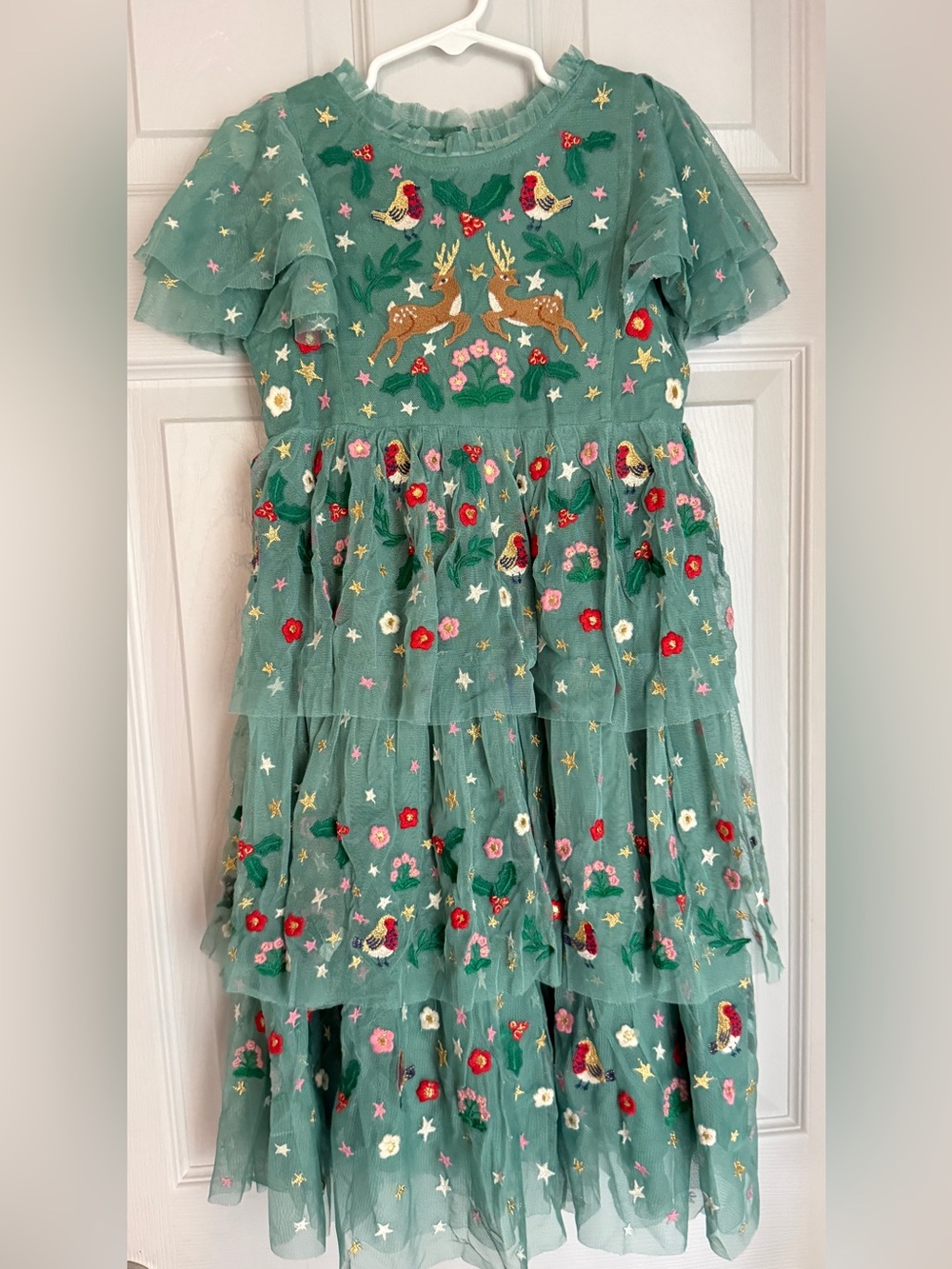 Mini Boden Green Tiered Tulle Dress with Deer & Floral Embroidery